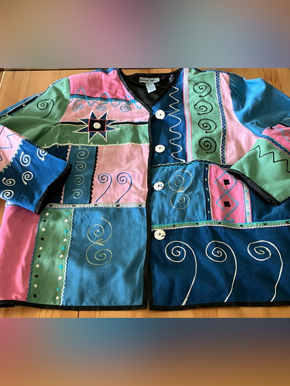 NWOT Indigo Moon Patchwork Embroidered Button Jacket - Teal, Pink, Navy Size 2X